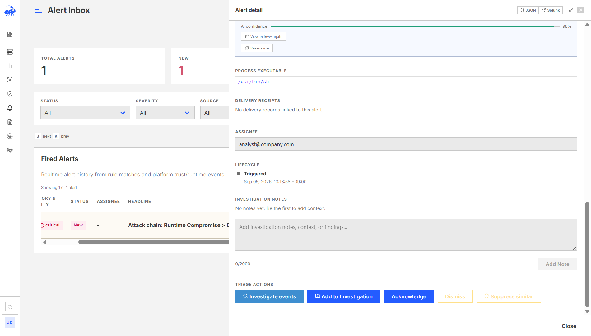 The alert detail view with the triage notes panel.