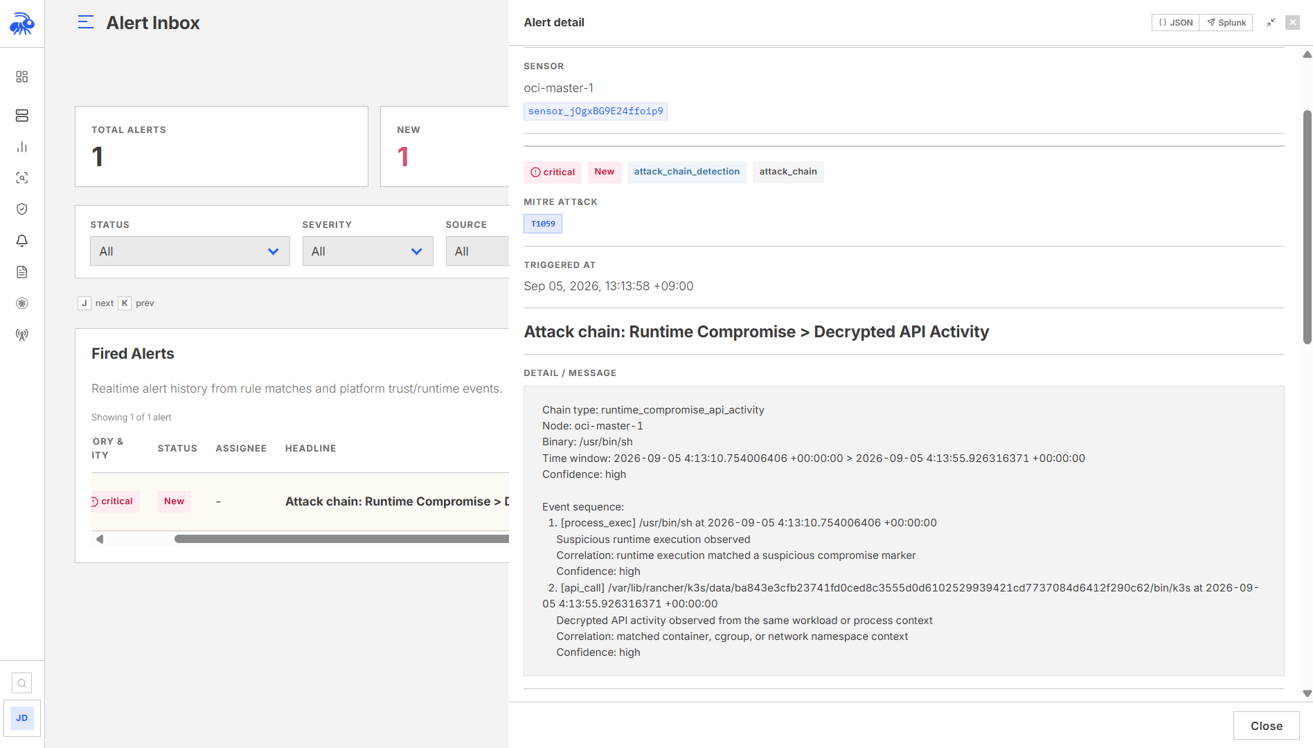 The alert detail view with the status, assignee, and resolution controls.