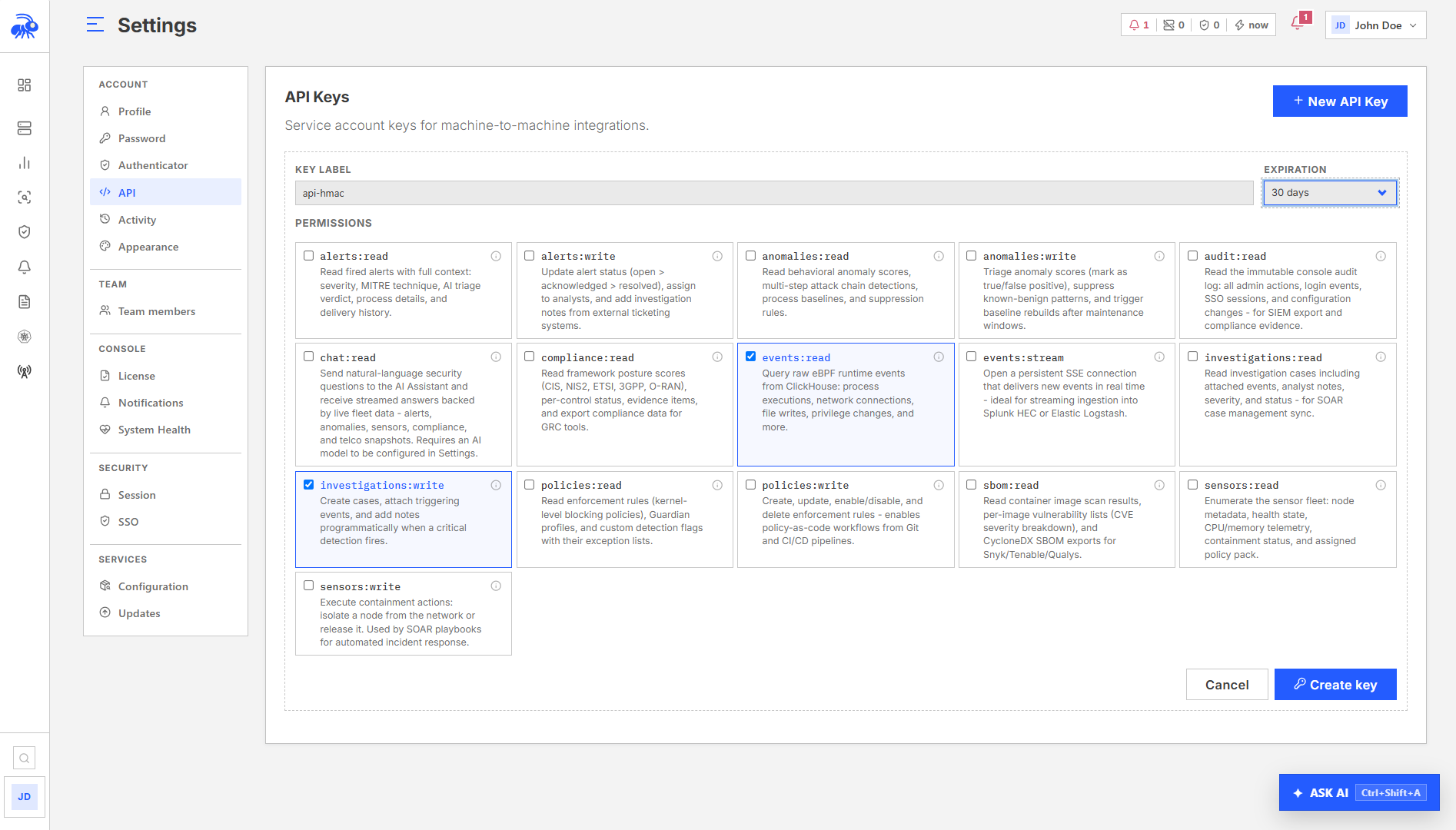 The API keys page listing active keys with label, scopes, and usage.