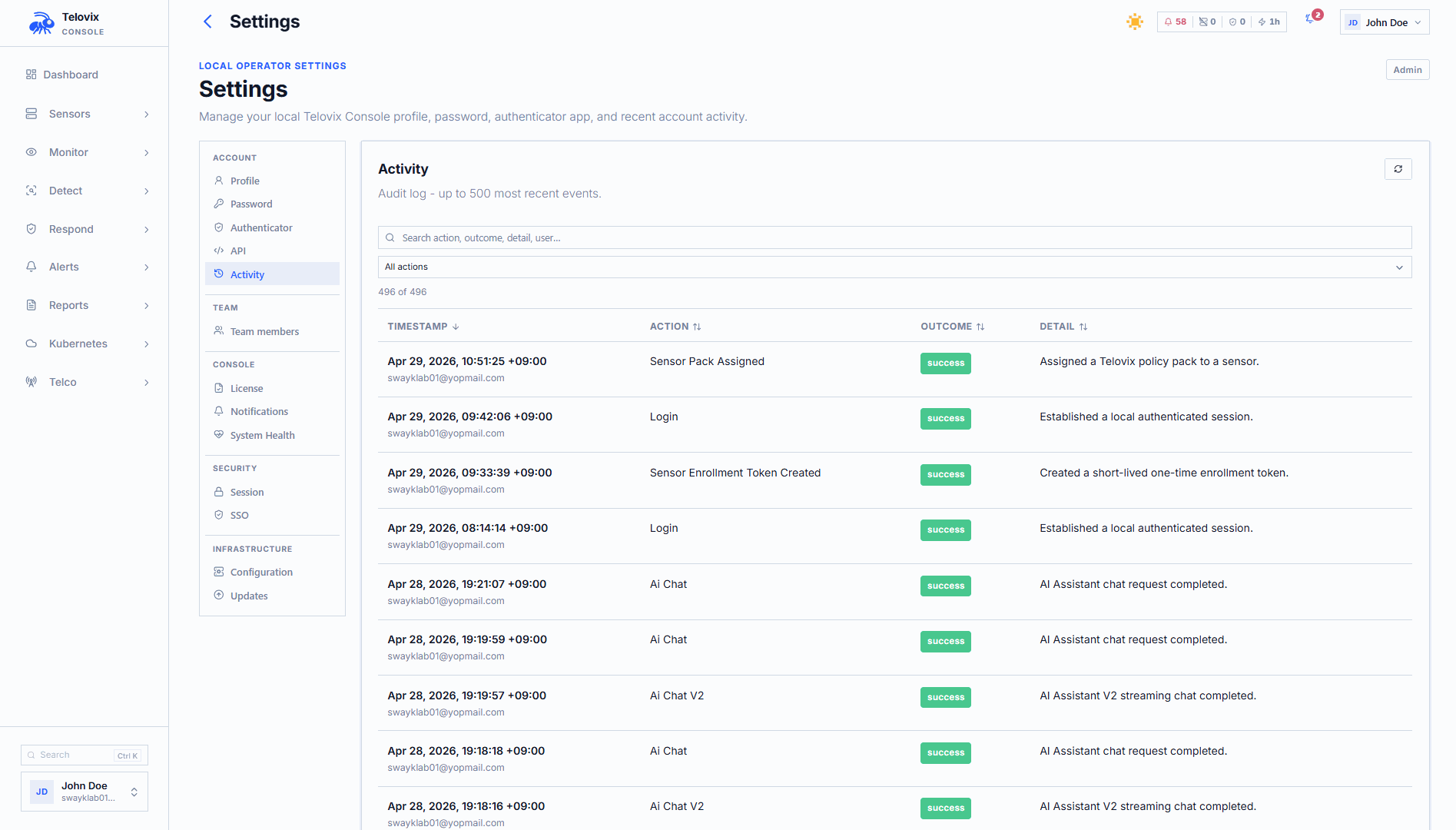 Audit Log page showing recent entries with timestamp, action type, actor email, outcome badge, and sensor column.