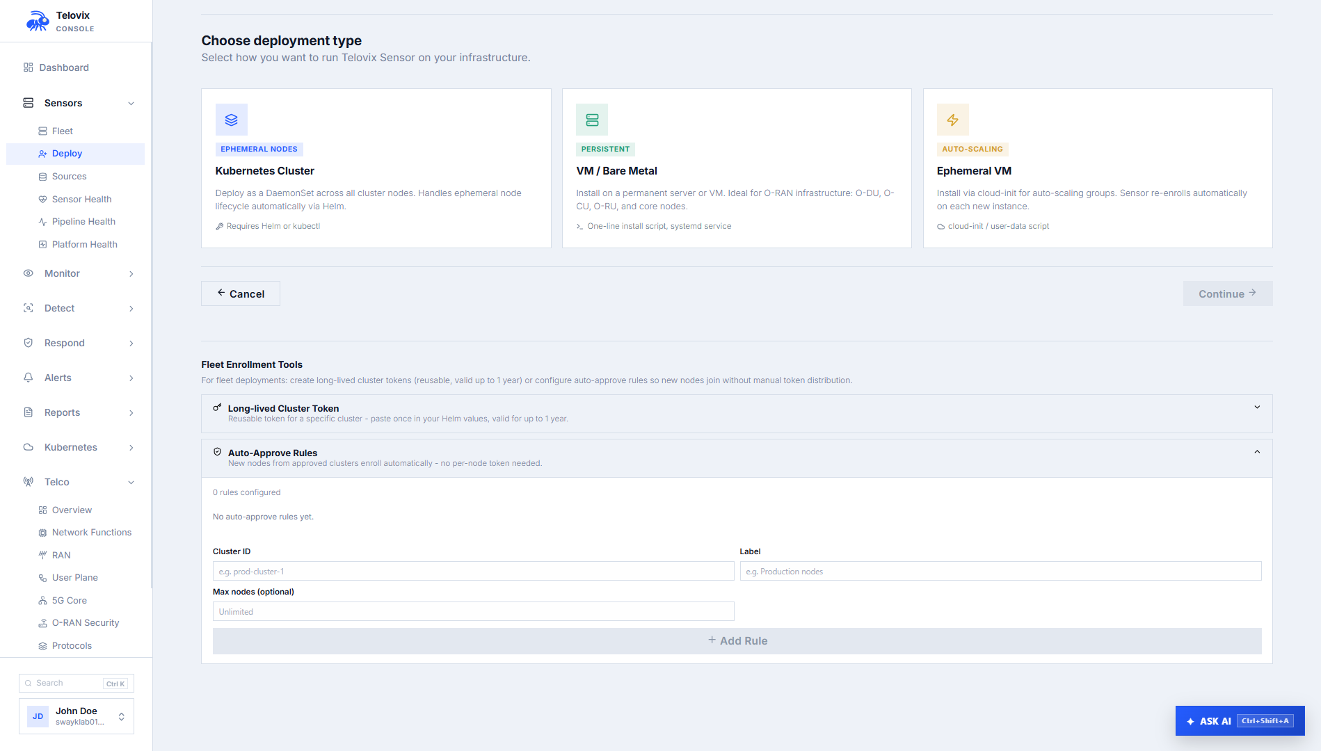 Sensors > Auto-Approve Rules page showing the rule list with cluster ID, allowed roles, node cap, and delete button per rule.