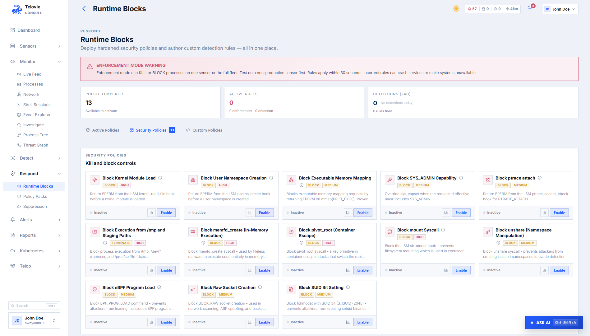 Policies > Custom Rules showing rule cards with name, scope, enabled state, and 24-hour hit count.
