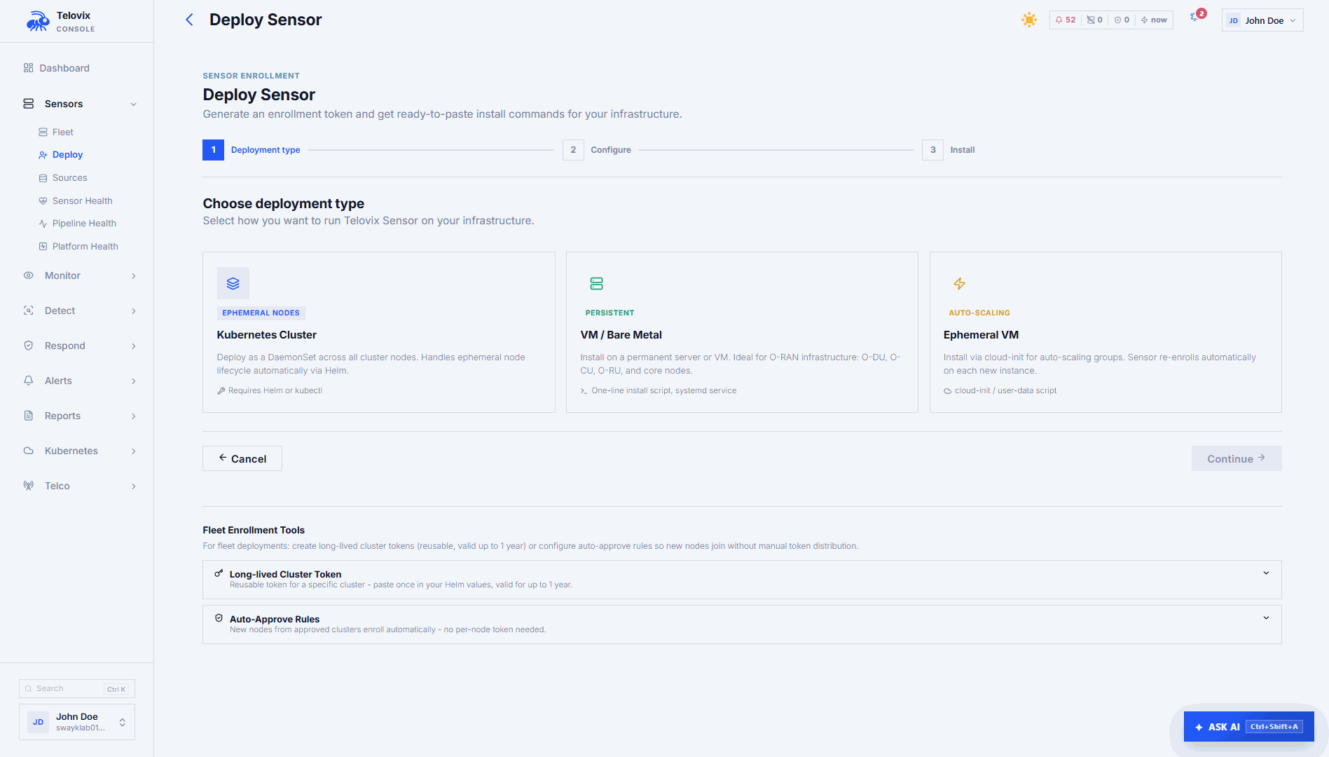 Deploy Sensor wizard showing the node name field, role selector, flavor selector (standard or telecom), and the generated one-line install command.