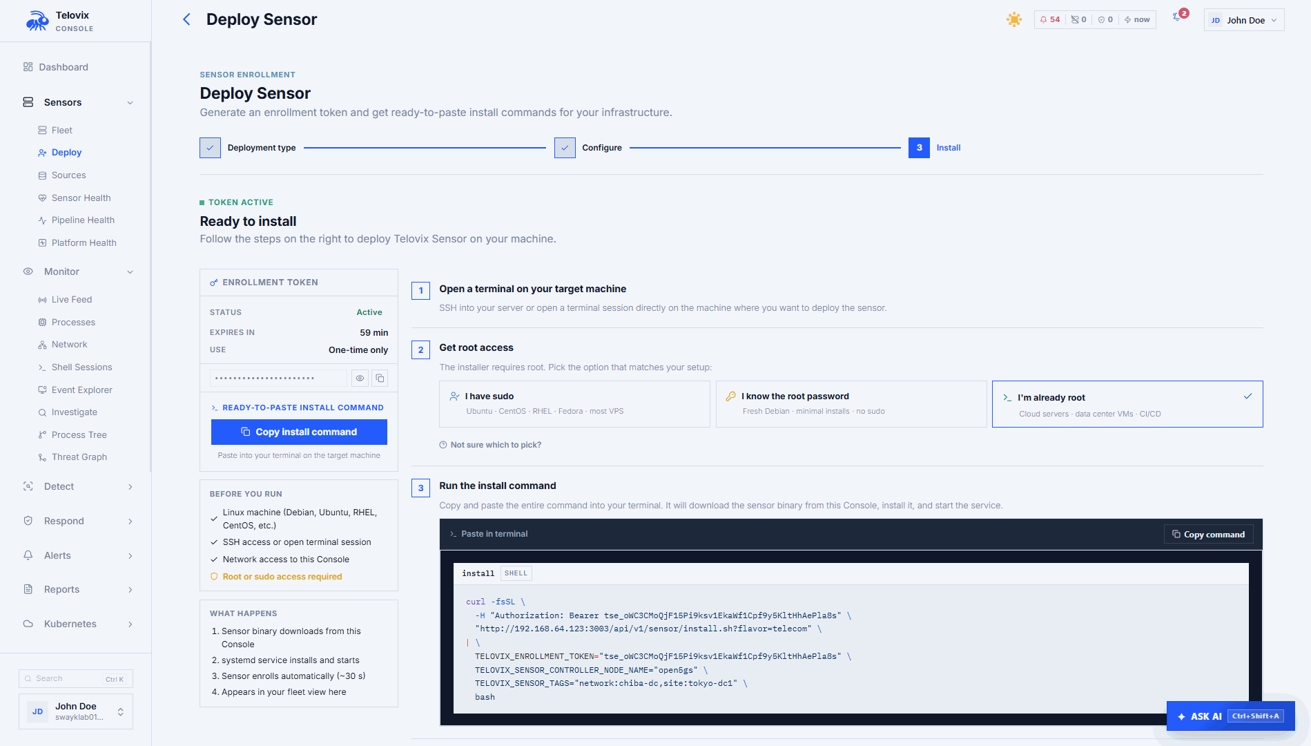 Deploy Sensor wizard showing the generated one-line install command with the enrollment token visible.