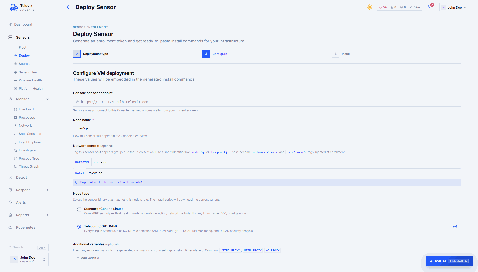 Deploy Sensor wizard showing the node name field, role selector, flavor dropdown, and the generated one-line install command.