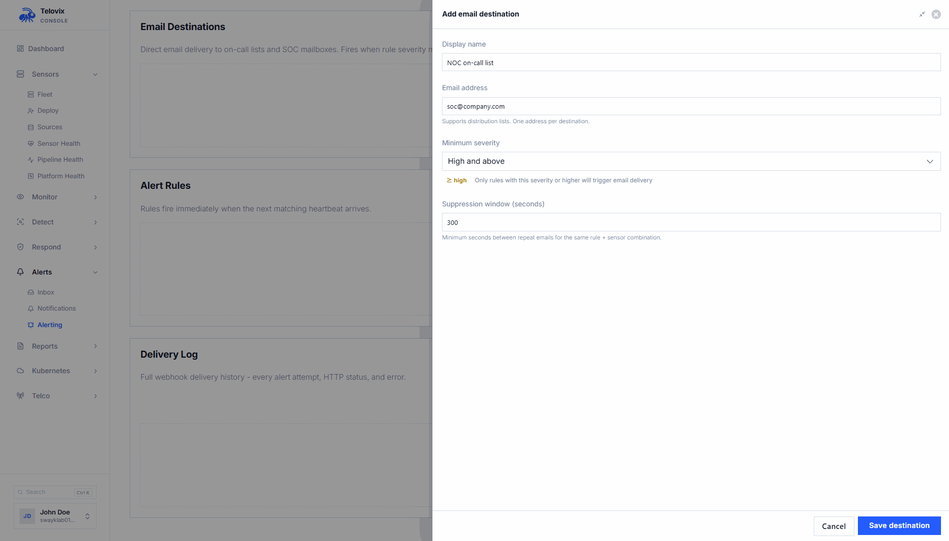 Email destination creation form showing the display name, recipient address, severity threshold selector, and suppression window field.