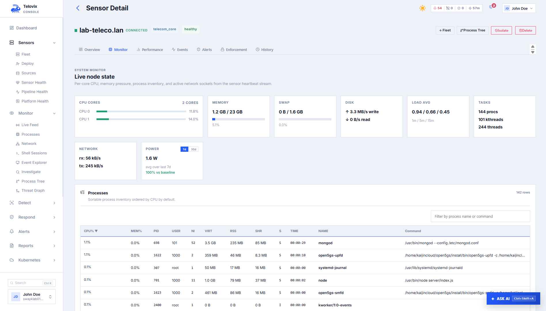 Fleet view showing the newly enrolled sensor with healthy trust state, first heartbeat timestamp, node role, and flavor label.