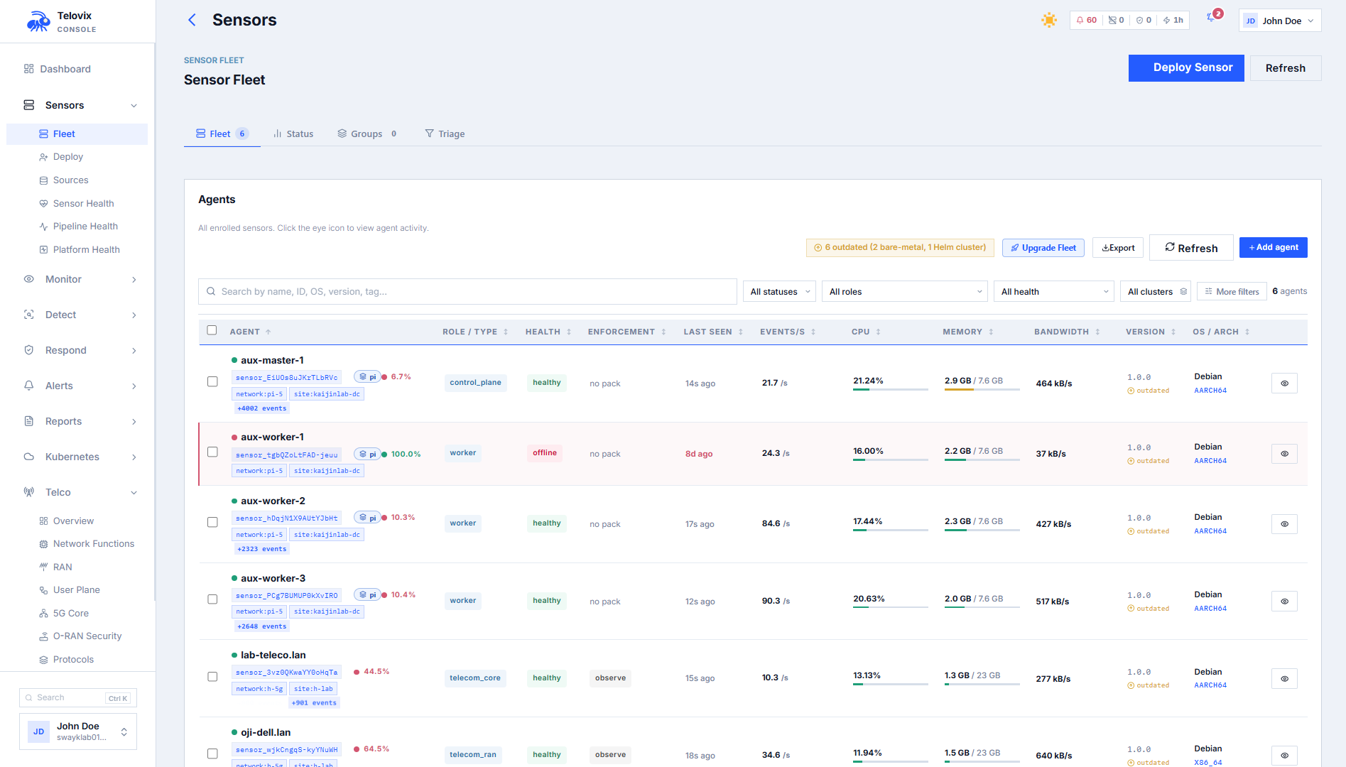 Console fleet view showing enrolled sensors with health state, flavor label, node role, and last heartbeat timestamp