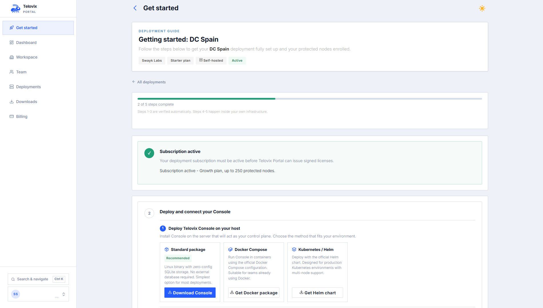 Portal Getting Started page showing a Telovix self-hosted deployment with the Issue License and Download buttons