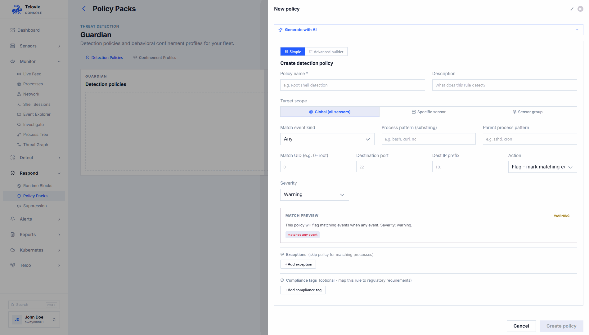 New Profile form showing target binary, mode selector, and allowlist fields.