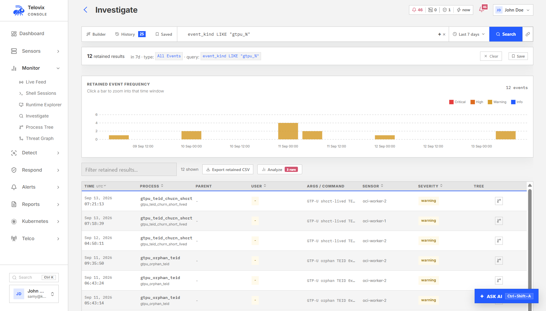 An investigation detail view showing status, event timeline, and notes.