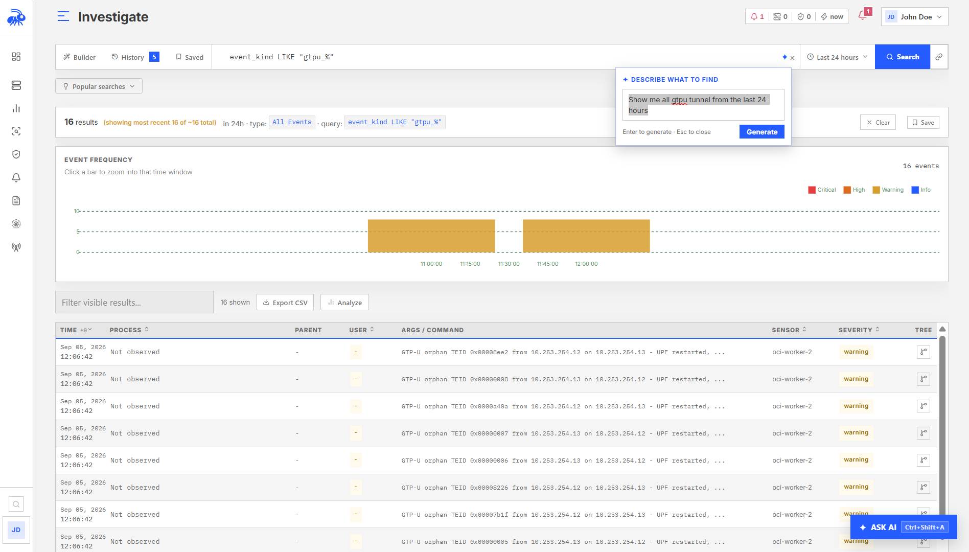 The Investigations list with search and filters for finding cases.