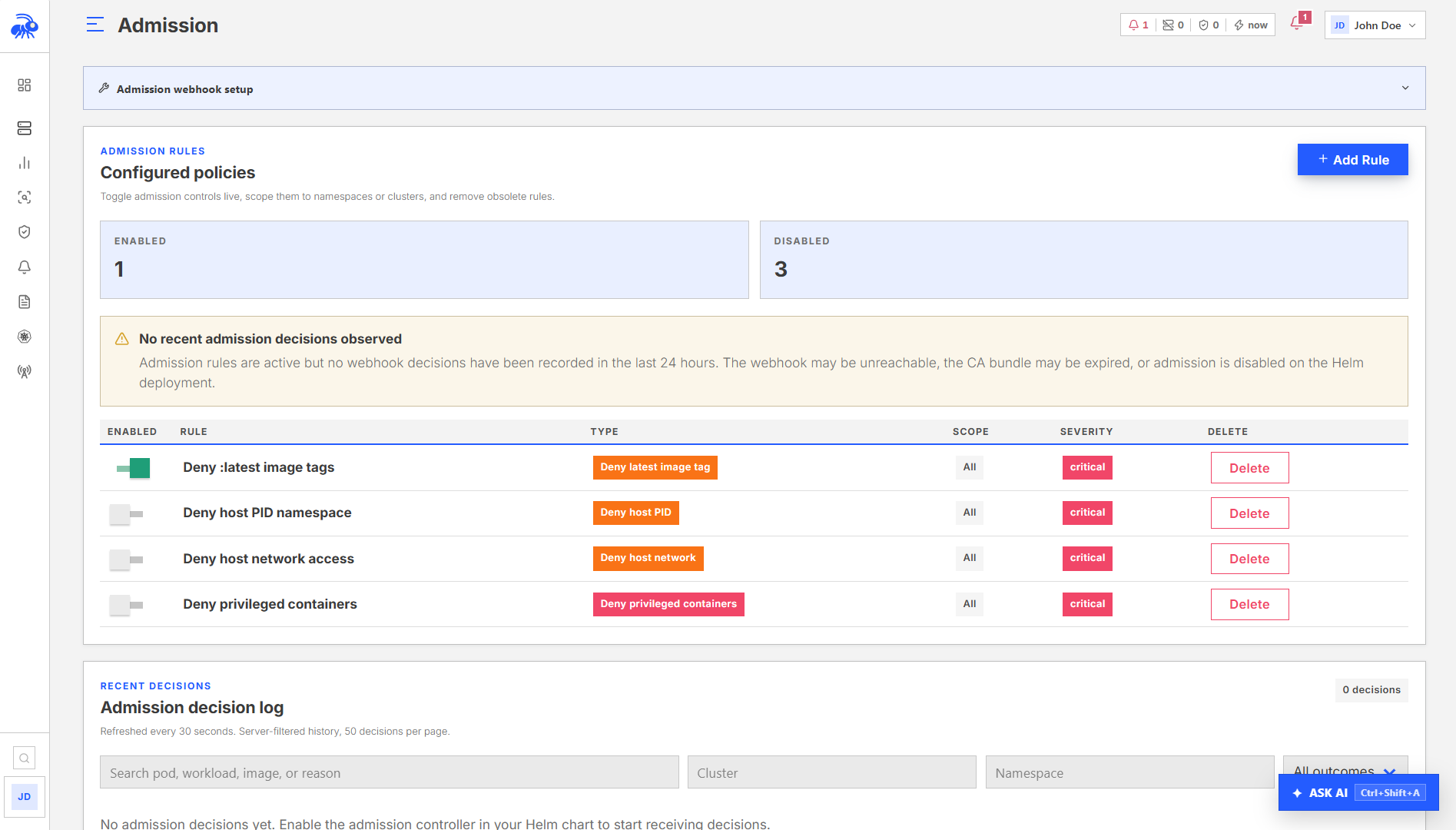 The Admission webhook page showing setup and admission rules.