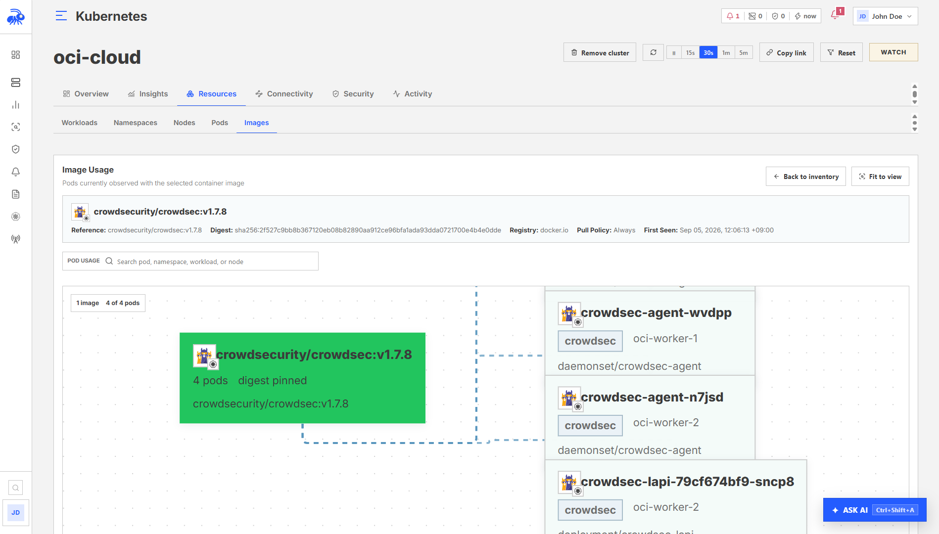 Container image details showing vulnerability context and the pods that use the image.