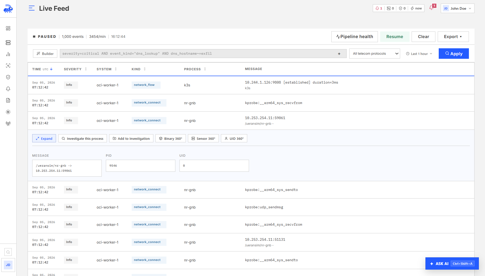 Live Feed showing a stream of runtime events from enrolled sensors.