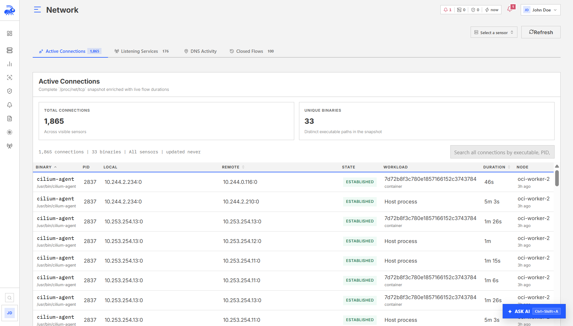 Active Connections showing current connections with their local and remote endpoints.