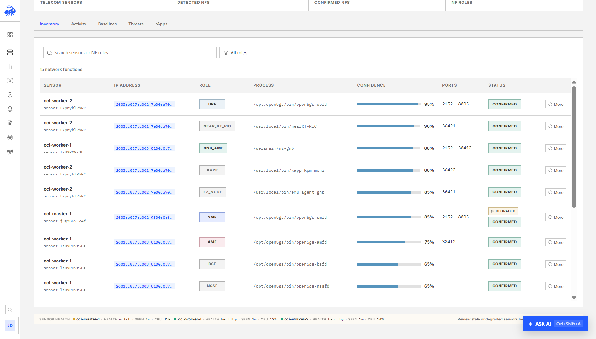 Network-function identity showing role, confidence, and runtime evidence.