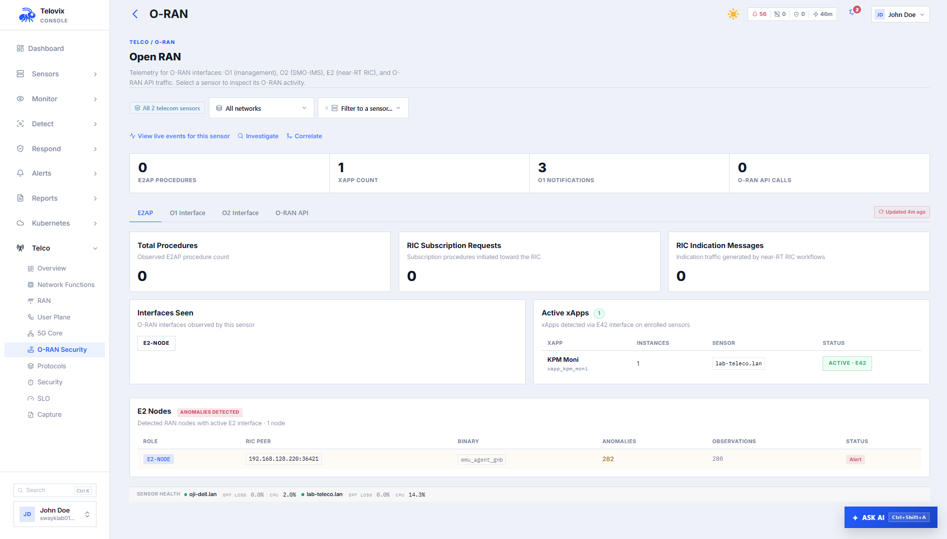 The O-RAN view showing Near-RT RIC, xApp connection state, and WG11 compliance posture indicators per component.