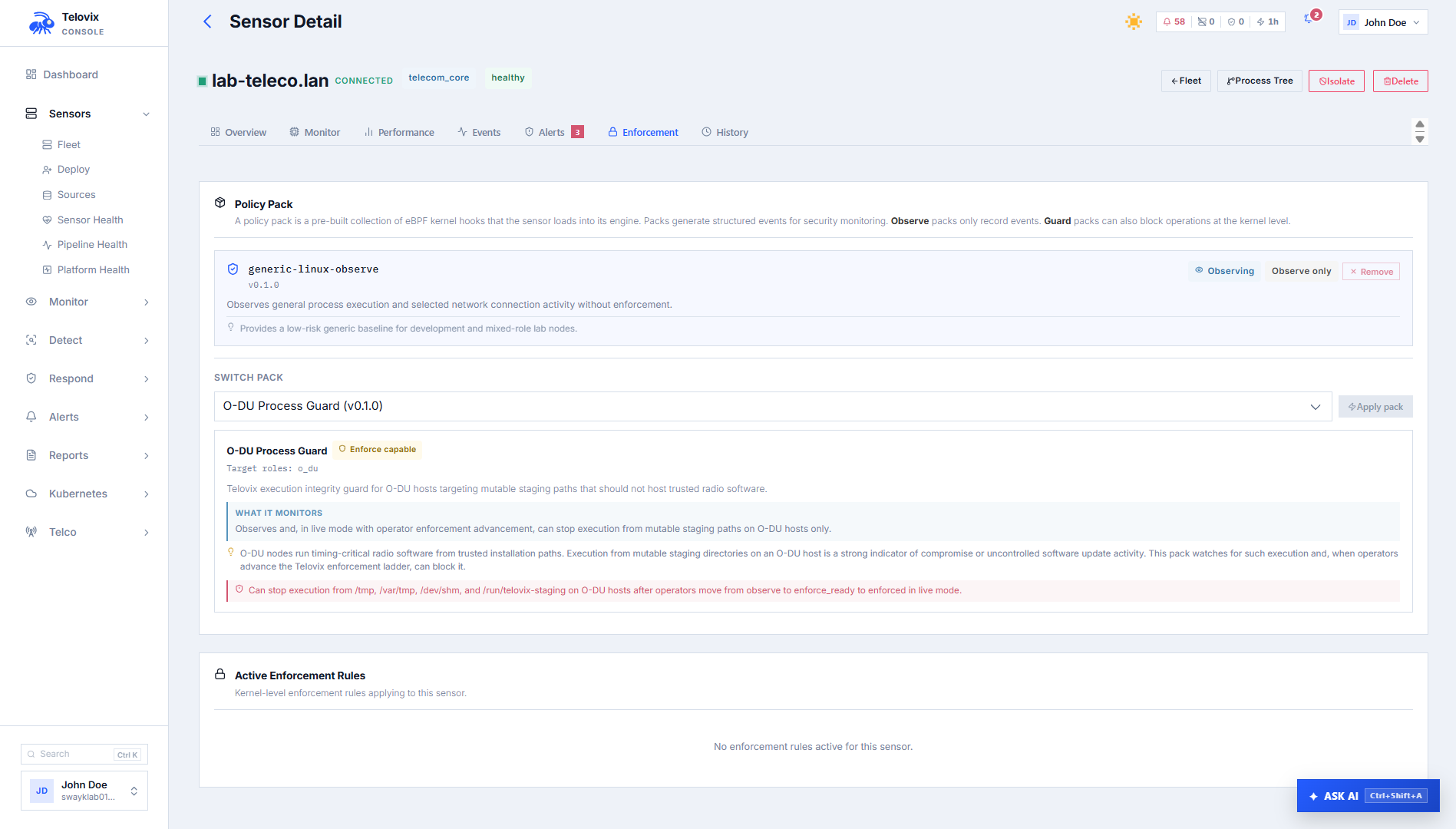 Sensor detail page showing the Assign Pack dialog with the pack catalog and version selector.