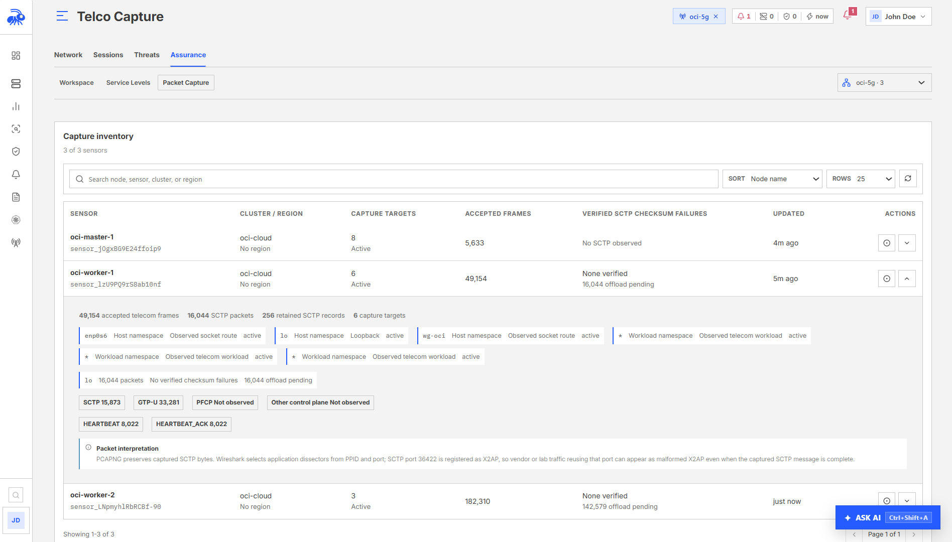Starting a telecom packet capture on a selected sensor.