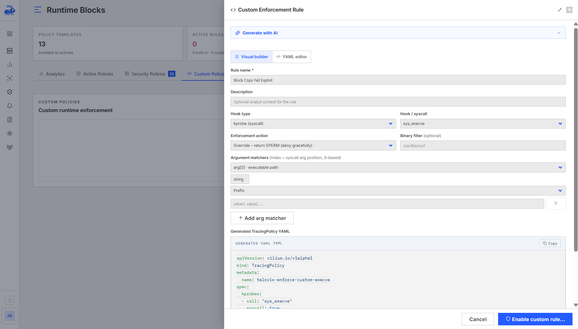 Creating a custom enforcement rule in Runtime Blocks.
