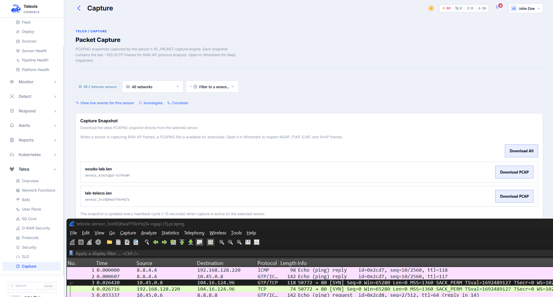 Runtime Inspector on a telecom sensor showing the Download Protocol Capture button and the NGAP capture file details.
