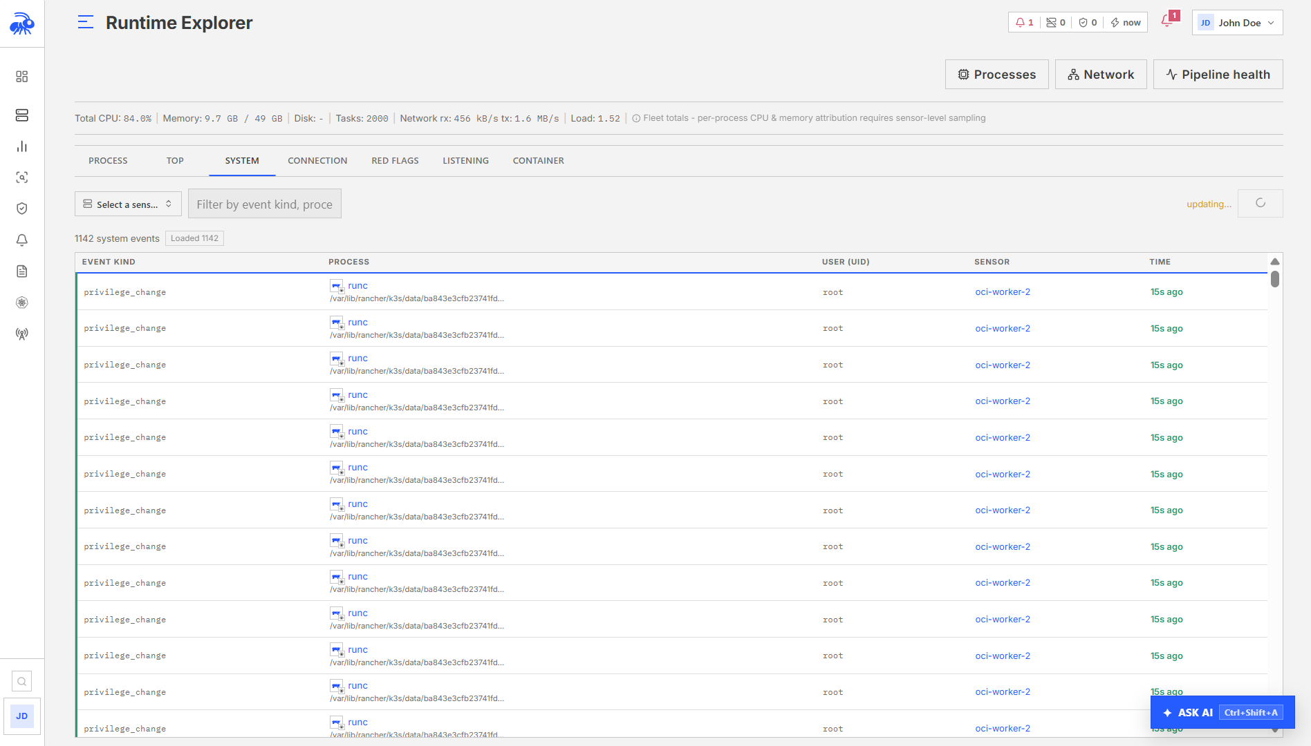 Runtime Explorer System tab showing recent system-level evidence.