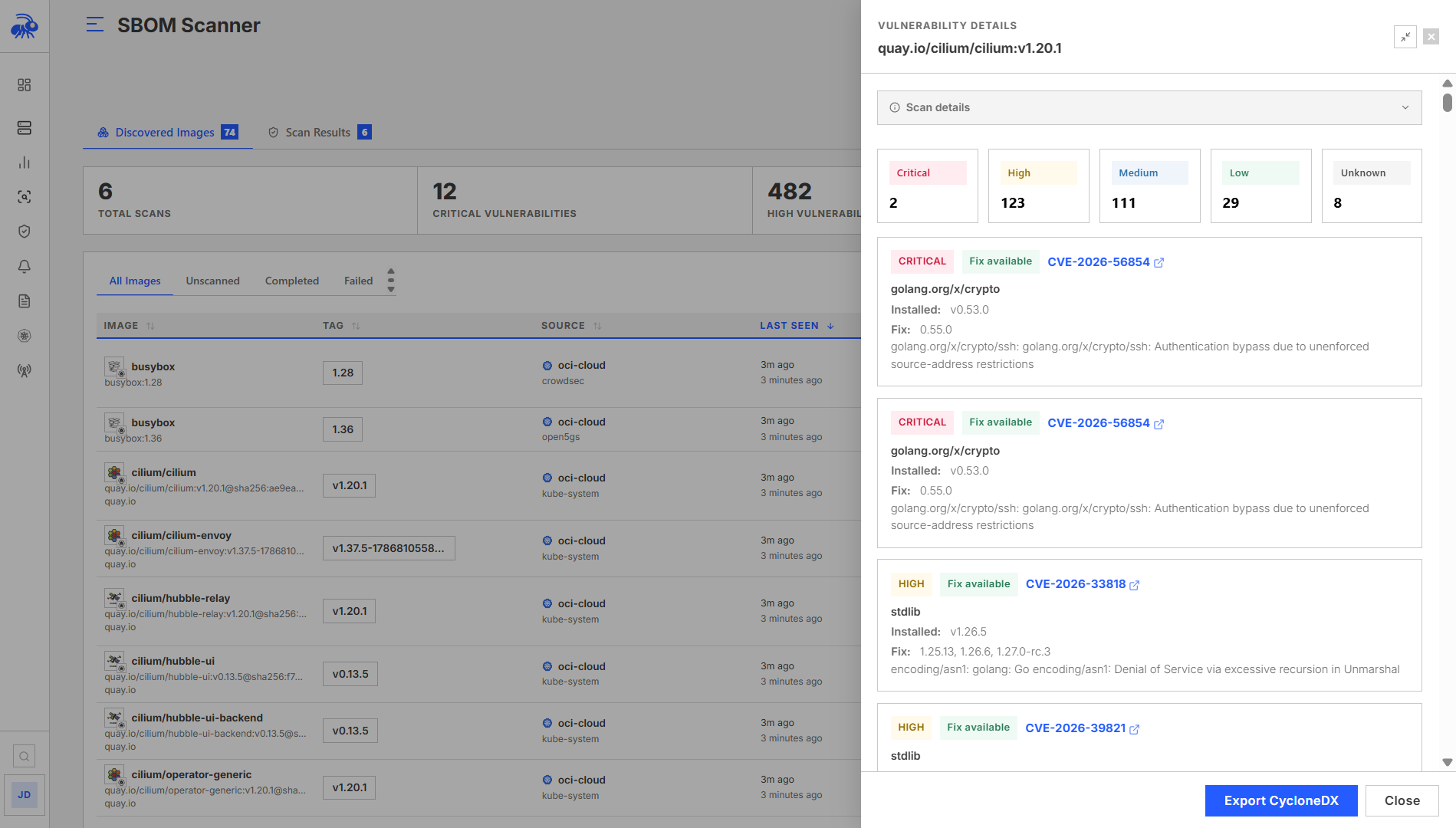 SBOM scan details showing the vulnerability summary and packages.