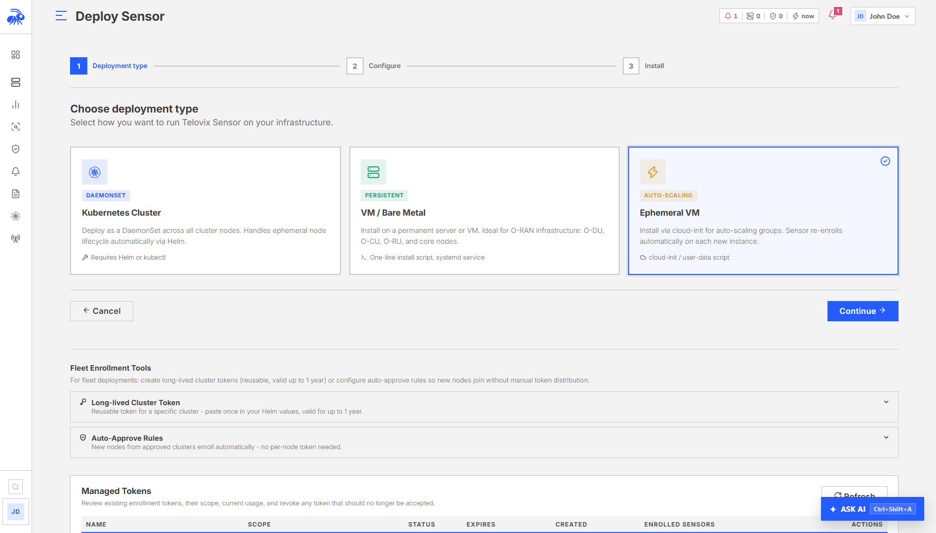Ephemeral sensor deployment step 1: selecting the deployment type.