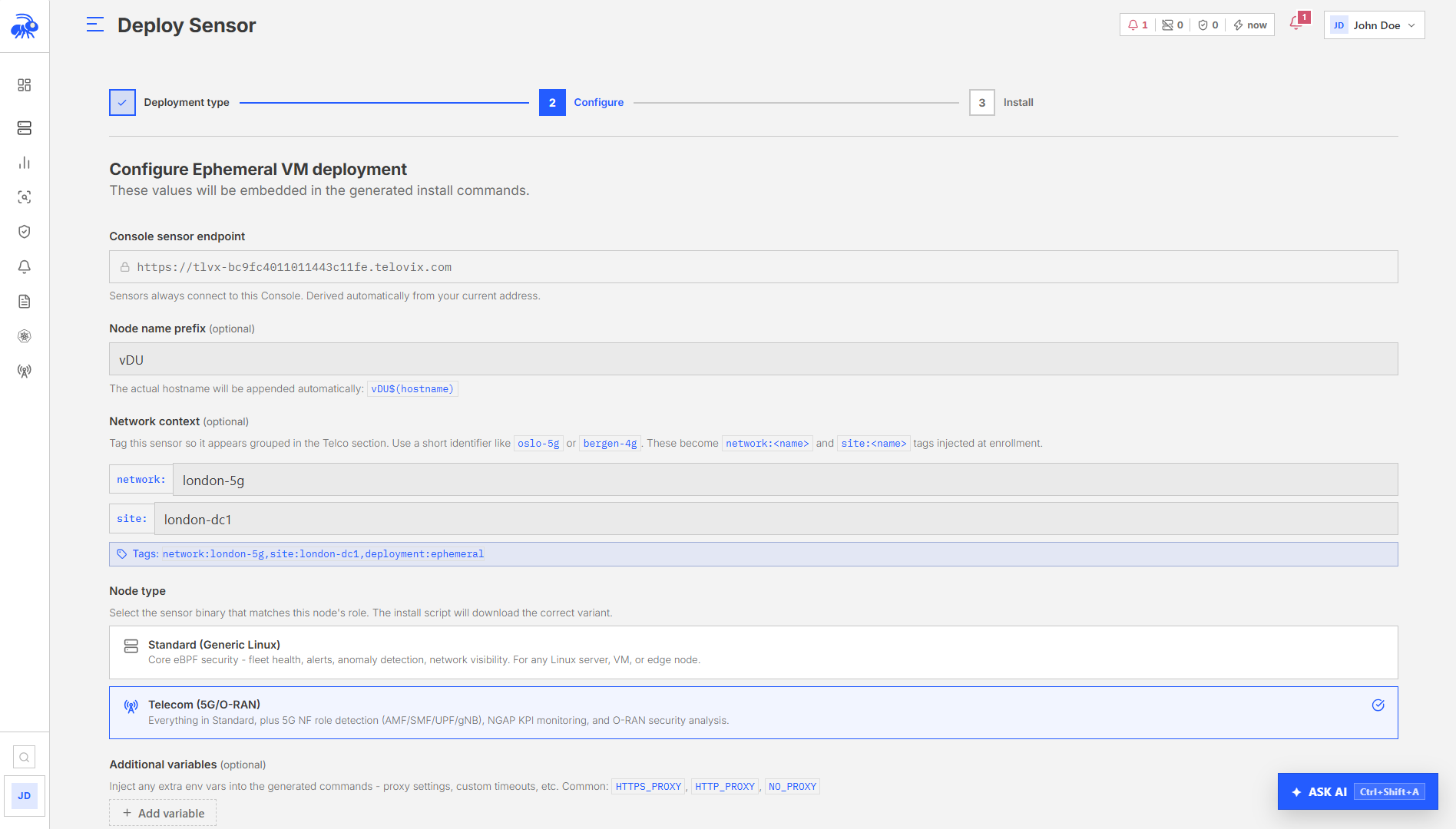 Ephemeral sensor deployment step 2: choosing the flavor, node-name prefix, and tags.
