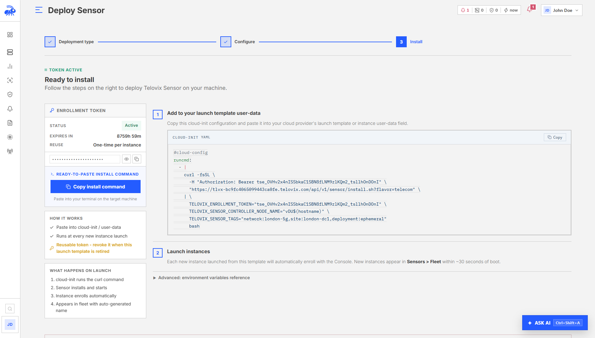 Ephemeral sensor deployment step 3: the generated fleet token and cloud-init template.