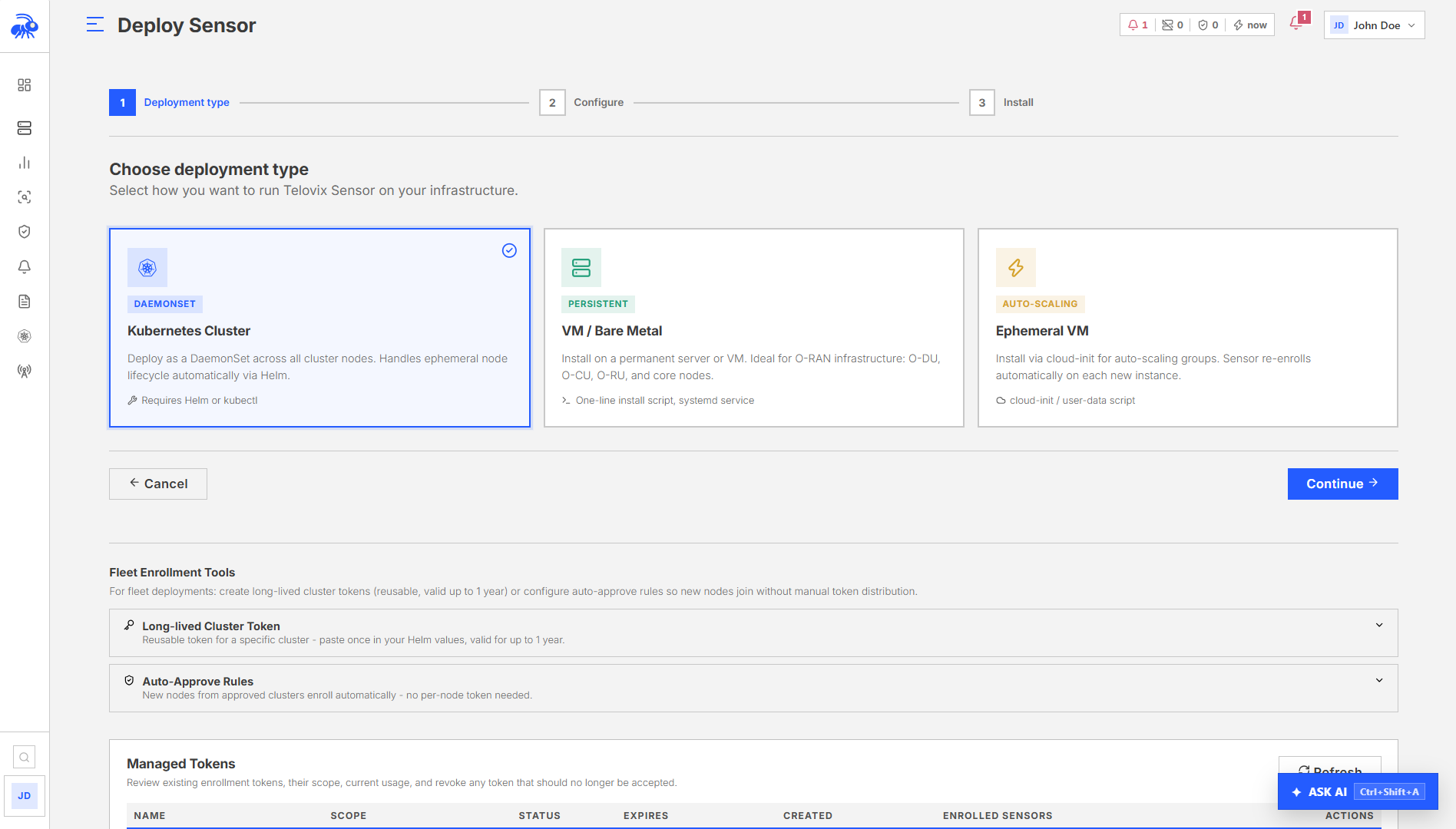 Kubernetes sensor deployment step 1: selecting the deployment type and cluster name.