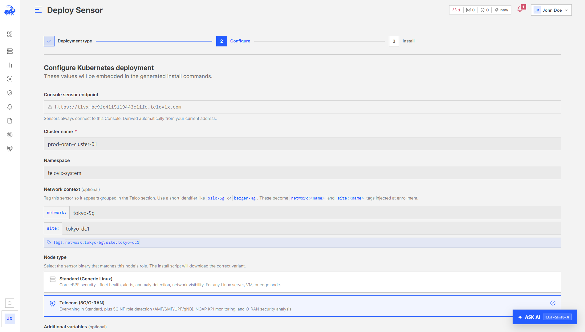 Kubernetes sensor deployment step 2: choosing the namespace, flavor, and tags.