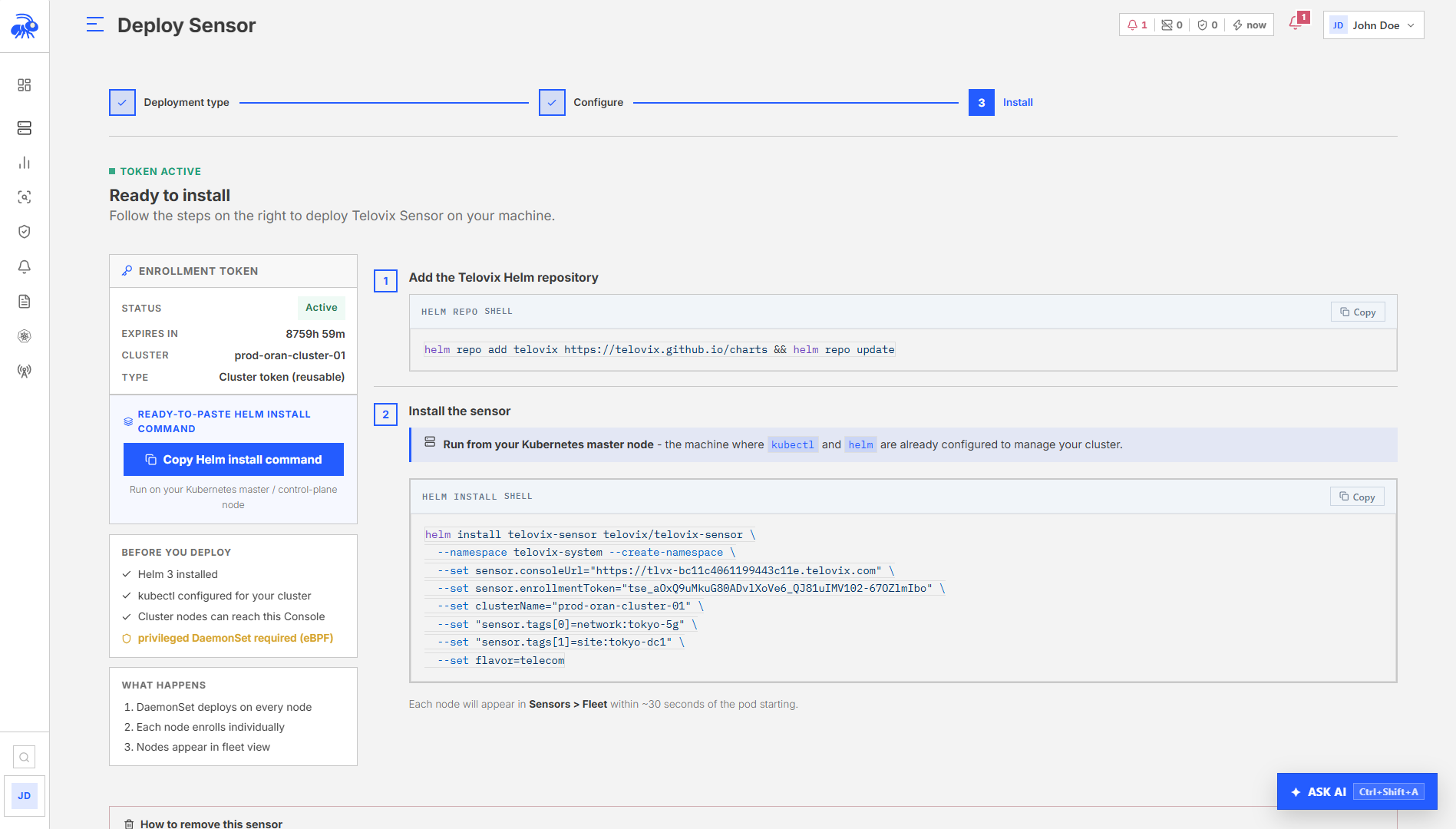 Kubernetes sensor deployment step 3: the generated deployment instructions.