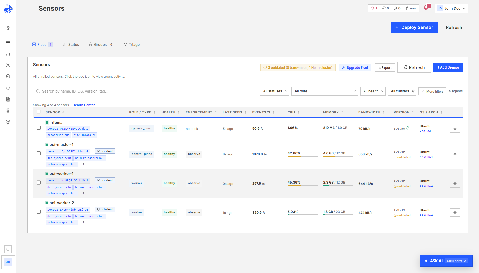 The sensor list with search and filters applied.