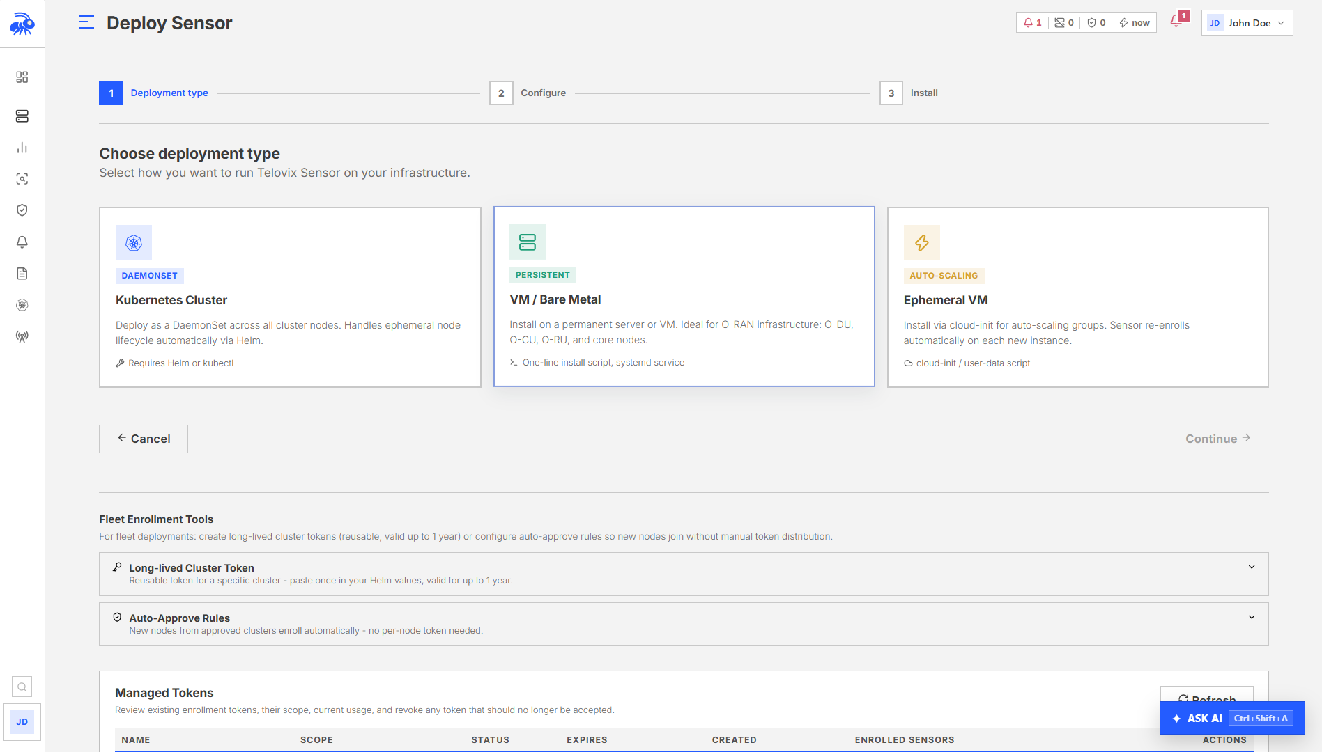 VM sensor deployment step 1: selecting the deployment type and node name.