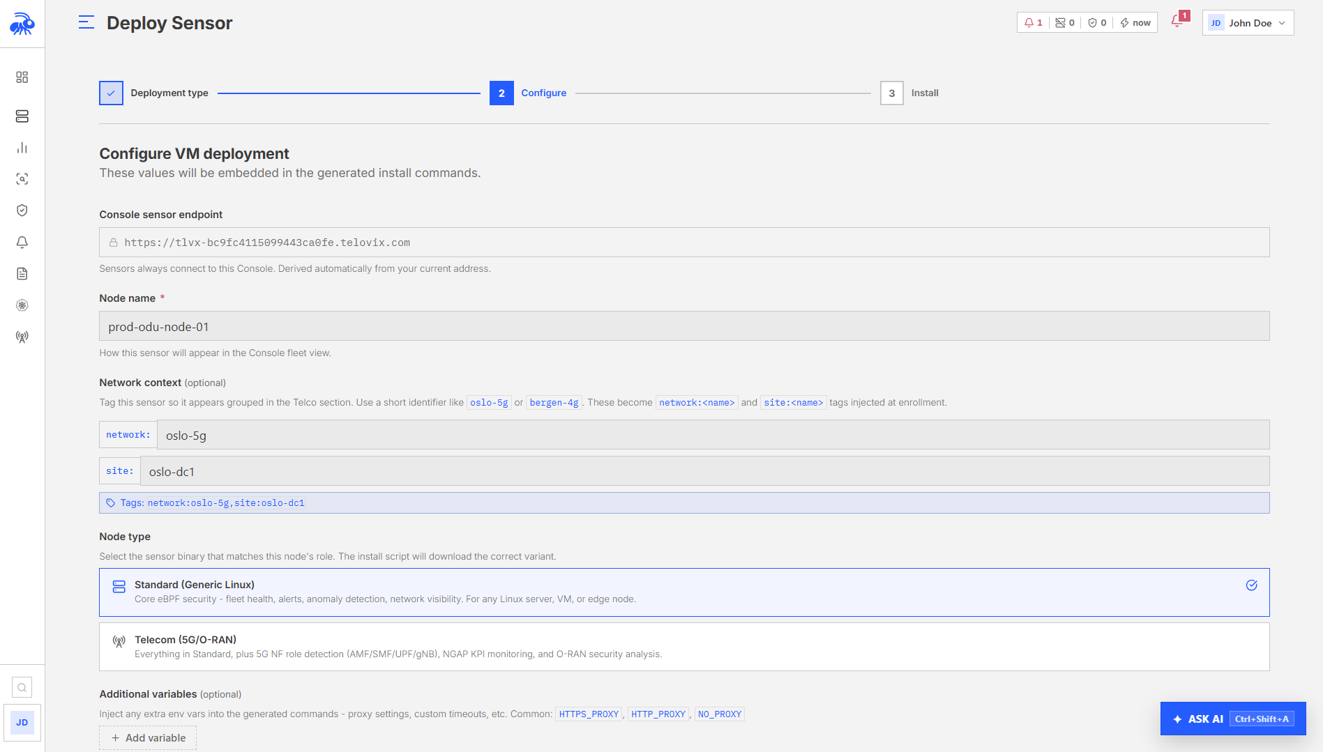 VM sensor deployment step 2: choosing the node role and sensor flavor.