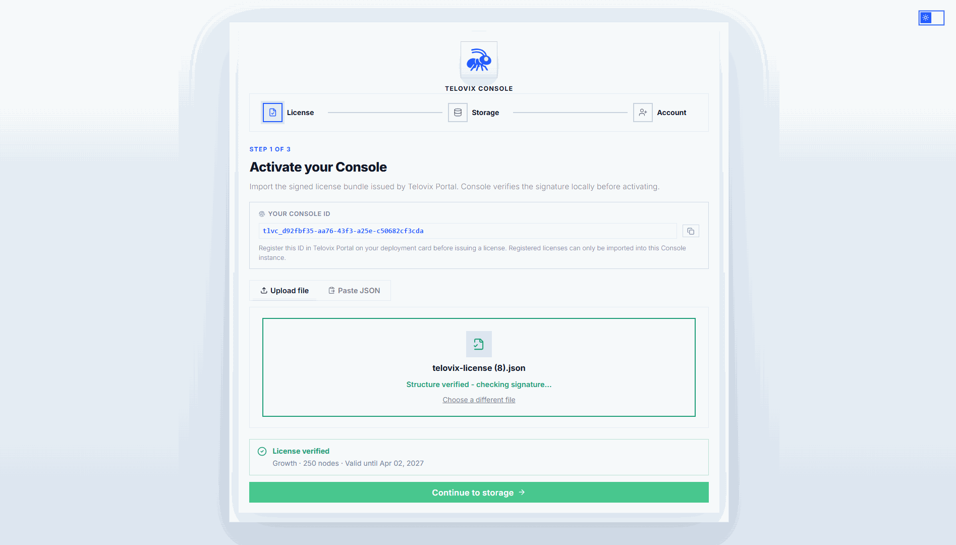 Setup wizard license import step showing the file upload field and a successful validation state.