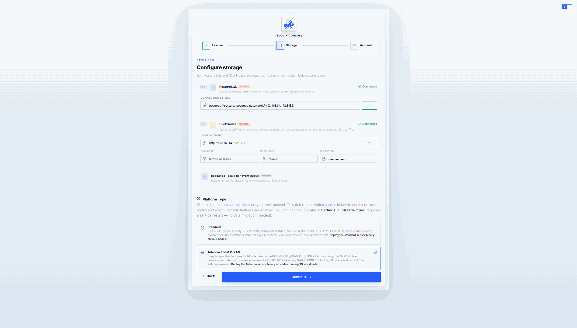 Setup wizard storage step showing the PostgreSQL URL field, ClickHouse URL field, platform vertical selector (Standard / Telecom), and optional Redpanda broker field.