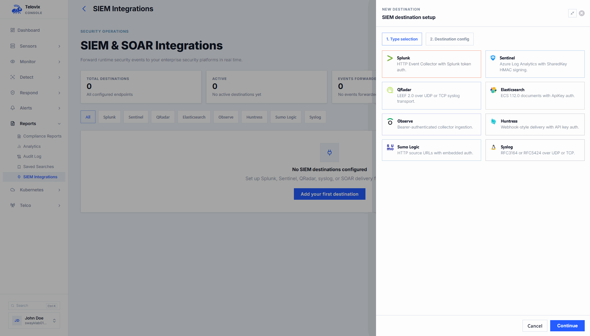 SIEM destination creation form showing destination type selector, configuration fields, event kind filter, and severity threshold.