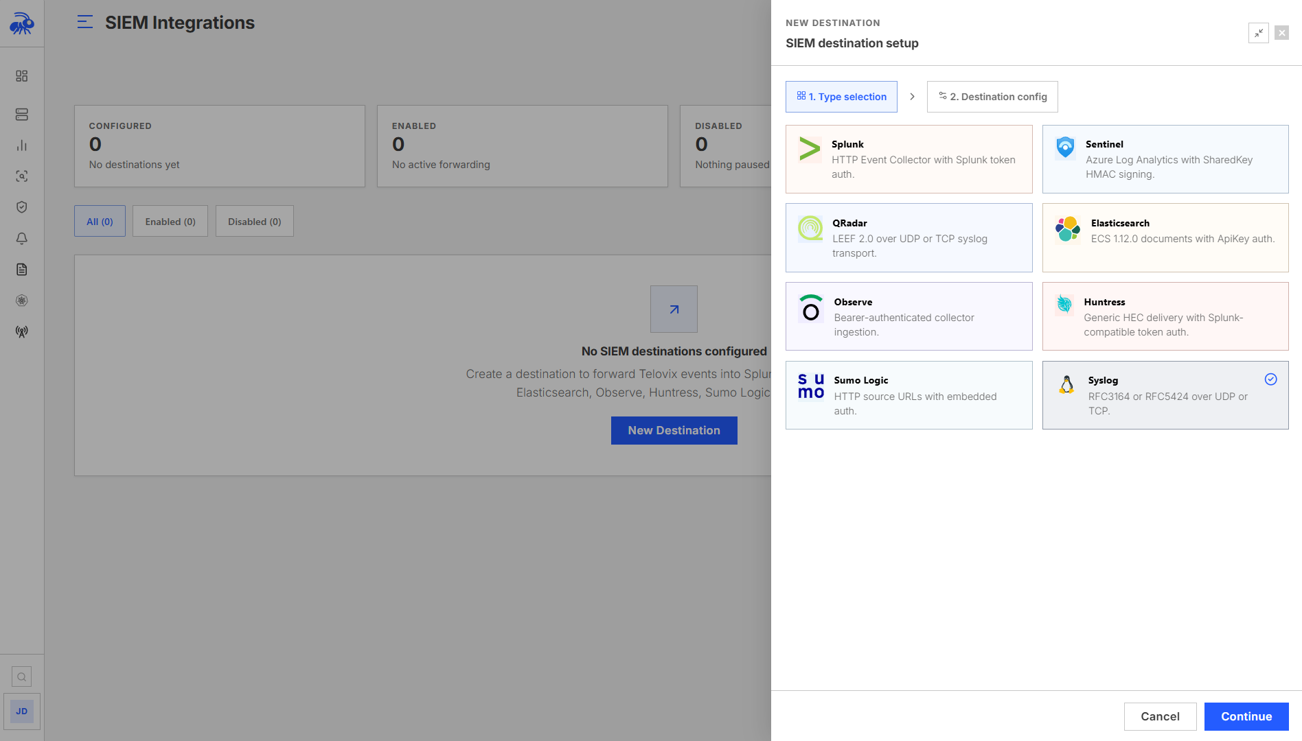 SIEM destinations showing forwarding and test status per destination.