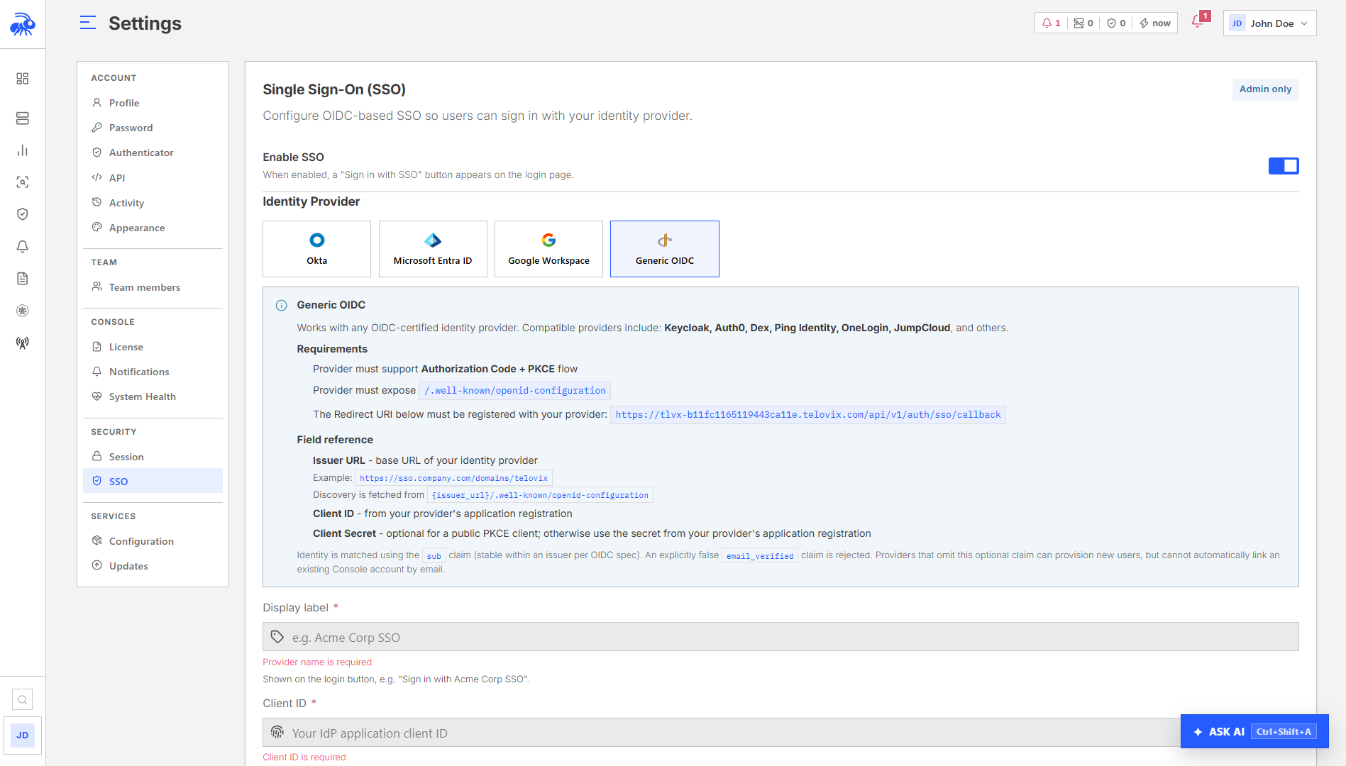 The SSO settings page used to enable SSO and configure an identity provider.