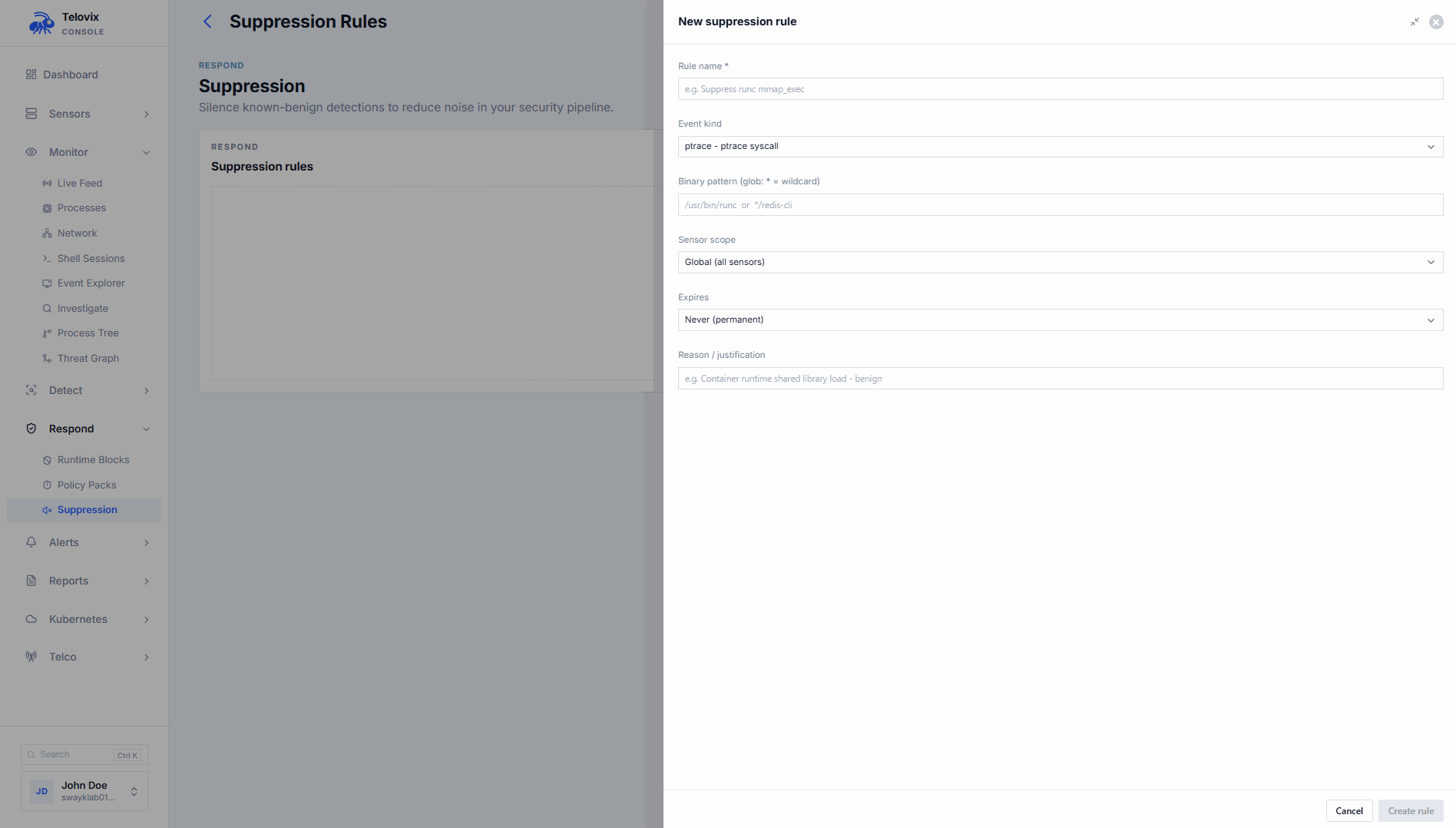 The New Rule dialog showing name, event kind, process pattern, reason, sensor scope, and expiry fields.