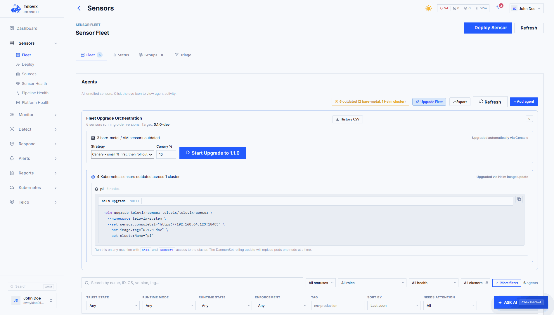 Upgrade plan creation form showing target version input, strategy selector, canary percentage field, health check wait field, and fleet breakdown.