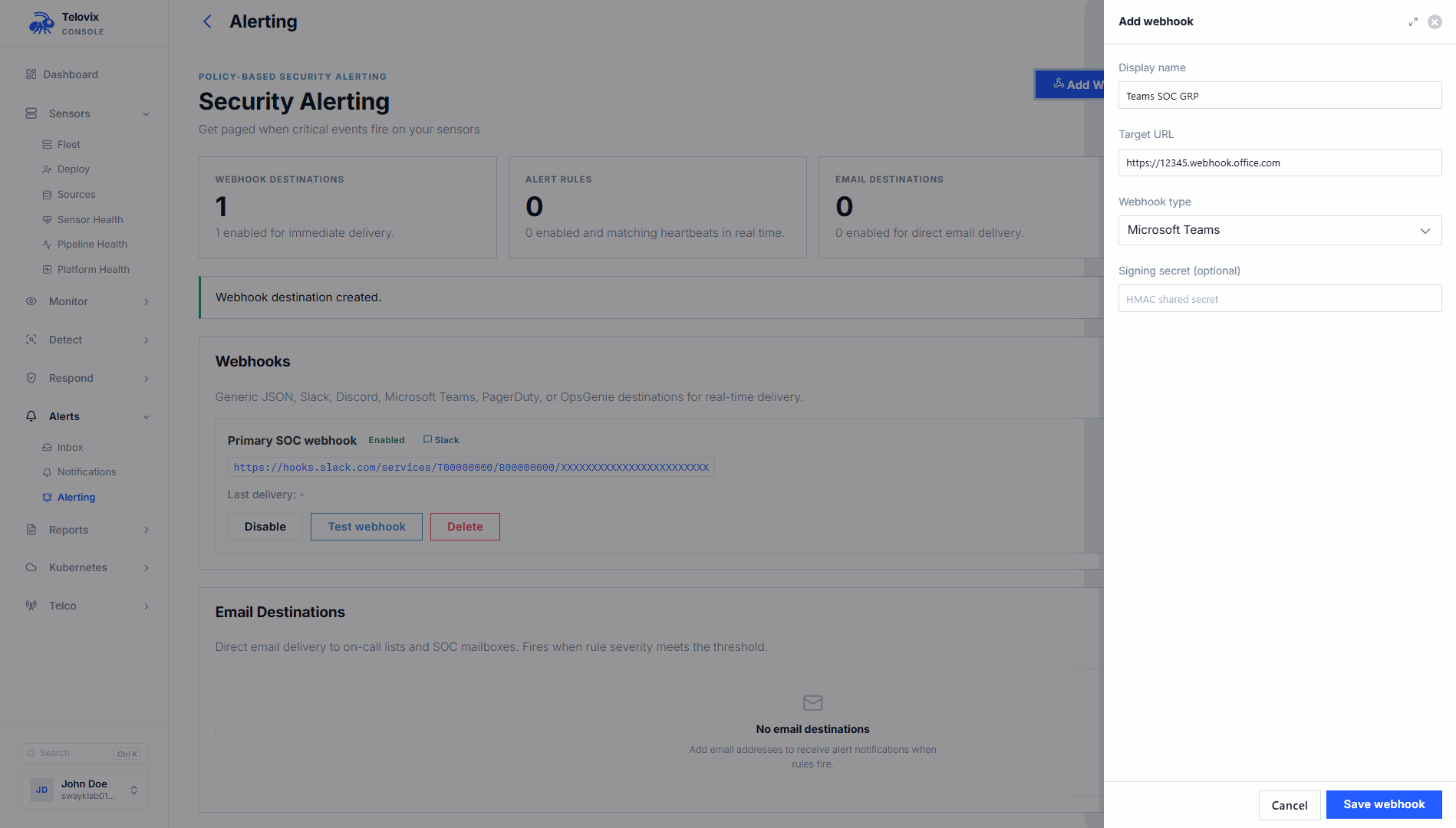 Webhook creation form showing the display name, target URL, webhook type selector, and optional signing secret field.